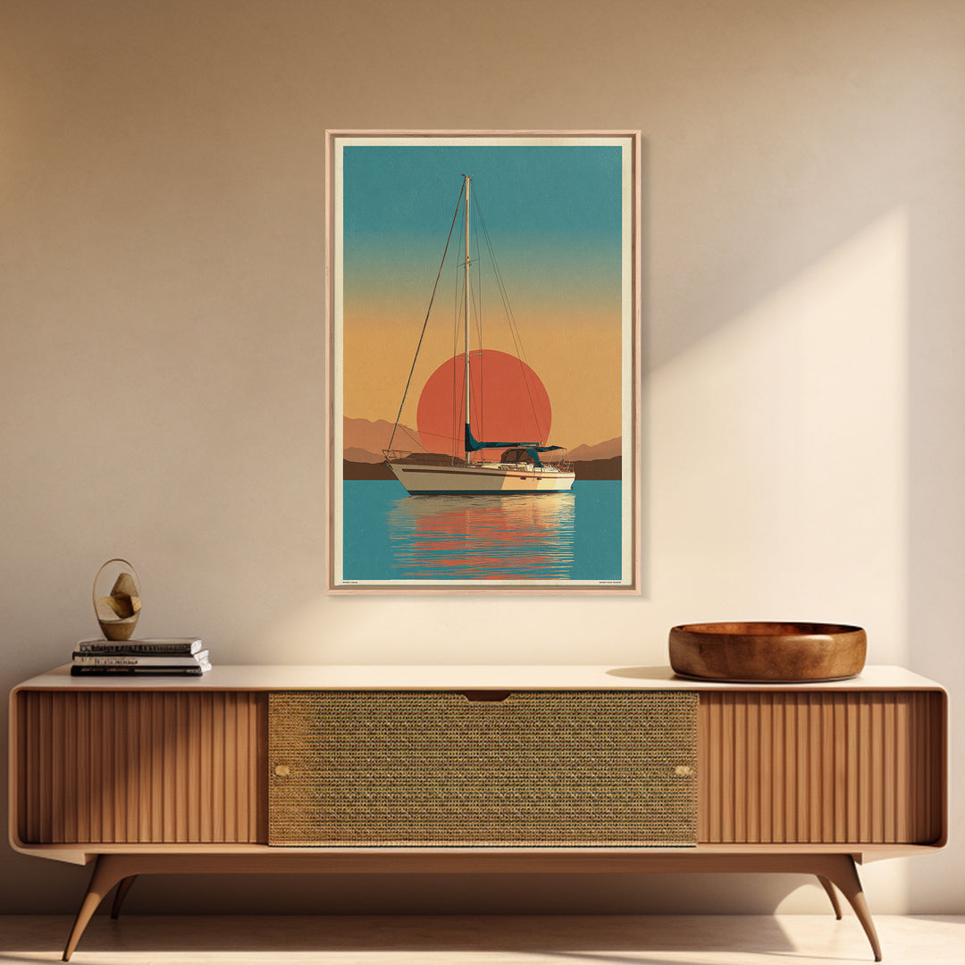 Greek Island Sailboat and Sun Poster Framed Canvas Print, Travel Poster(2), Statement Artwork, Living Room Decor, Voyage, TPO-2x3-48