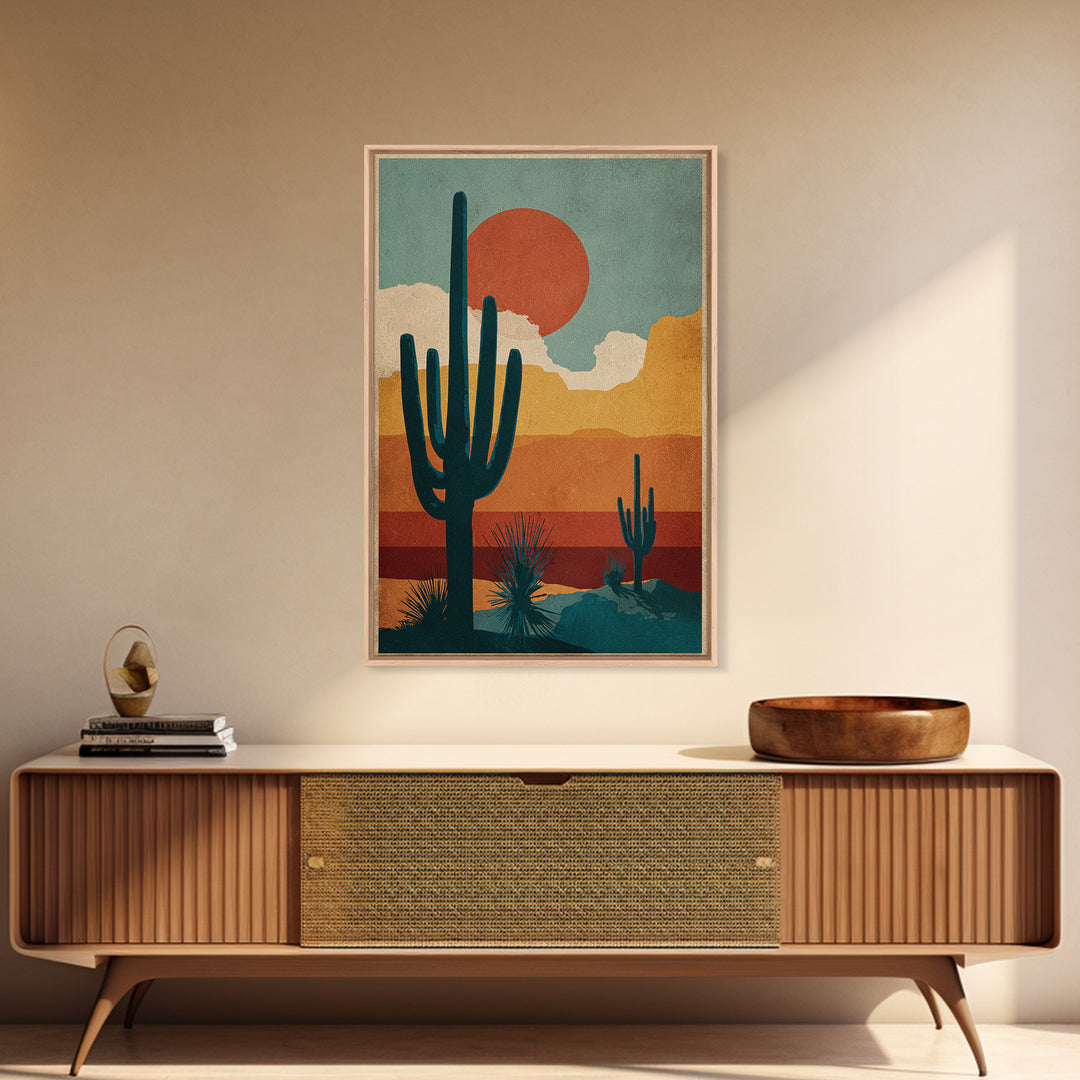 Mexico Cactus and Sun Travel Poster Framed Canvas Print, Travel Poster(2), Digital Wall Art, Living Room Decor, Voyage, TPO-2x3-53