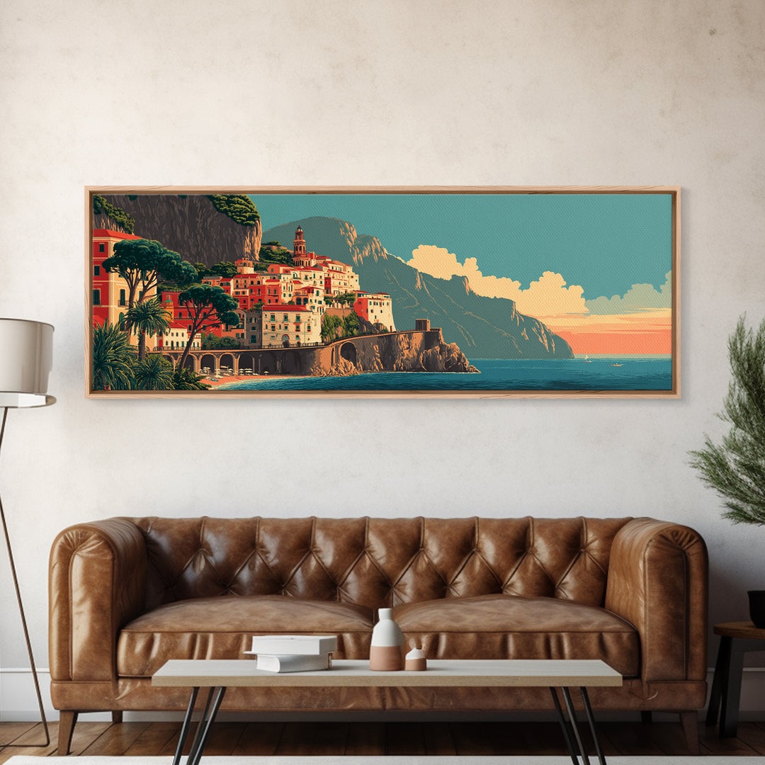 Retro Amalfi Coast Cliffs Framed Canvas Print, Travel Poster(2), Wall Hanging, Living Room Decor, Voyage, Landscape Art, TPO-3x1-18