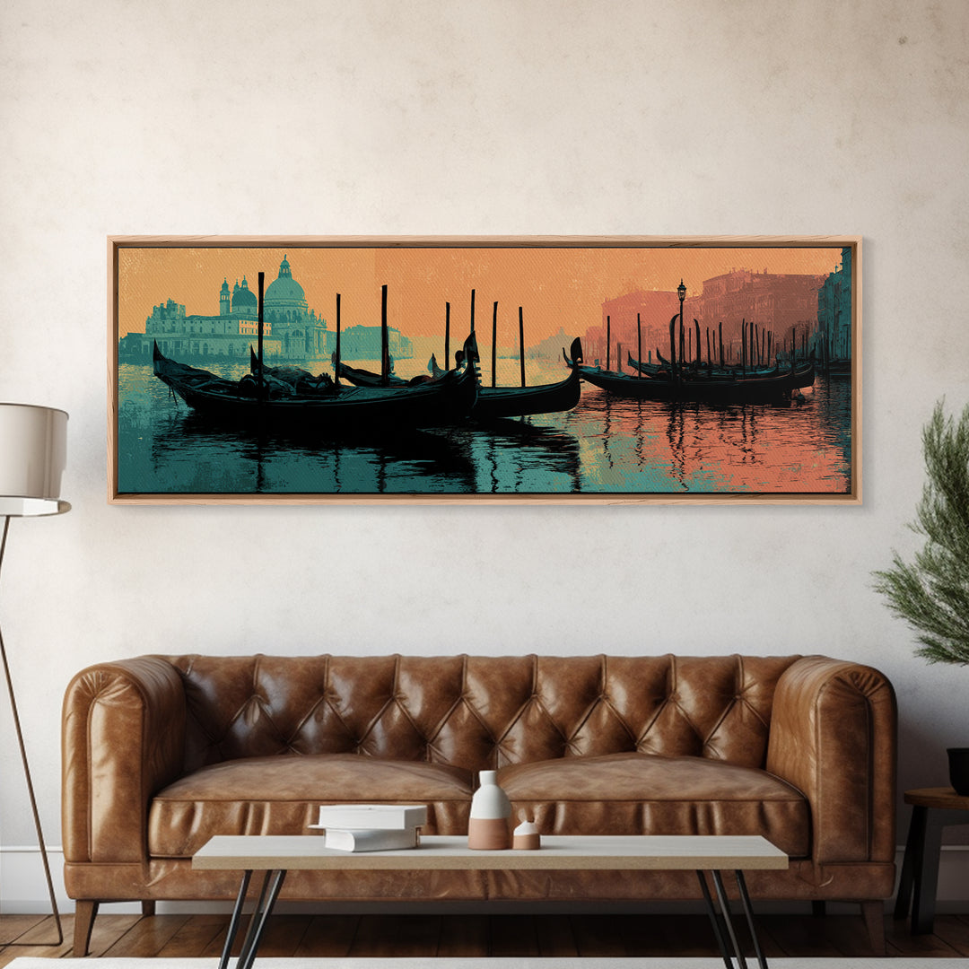 Venice Gondola Silhouette Framed Canvas Print, Travel Poster(2), Landscape Prints, Living Room Decor, Fine Art, Voyage, TPO-3x1-28