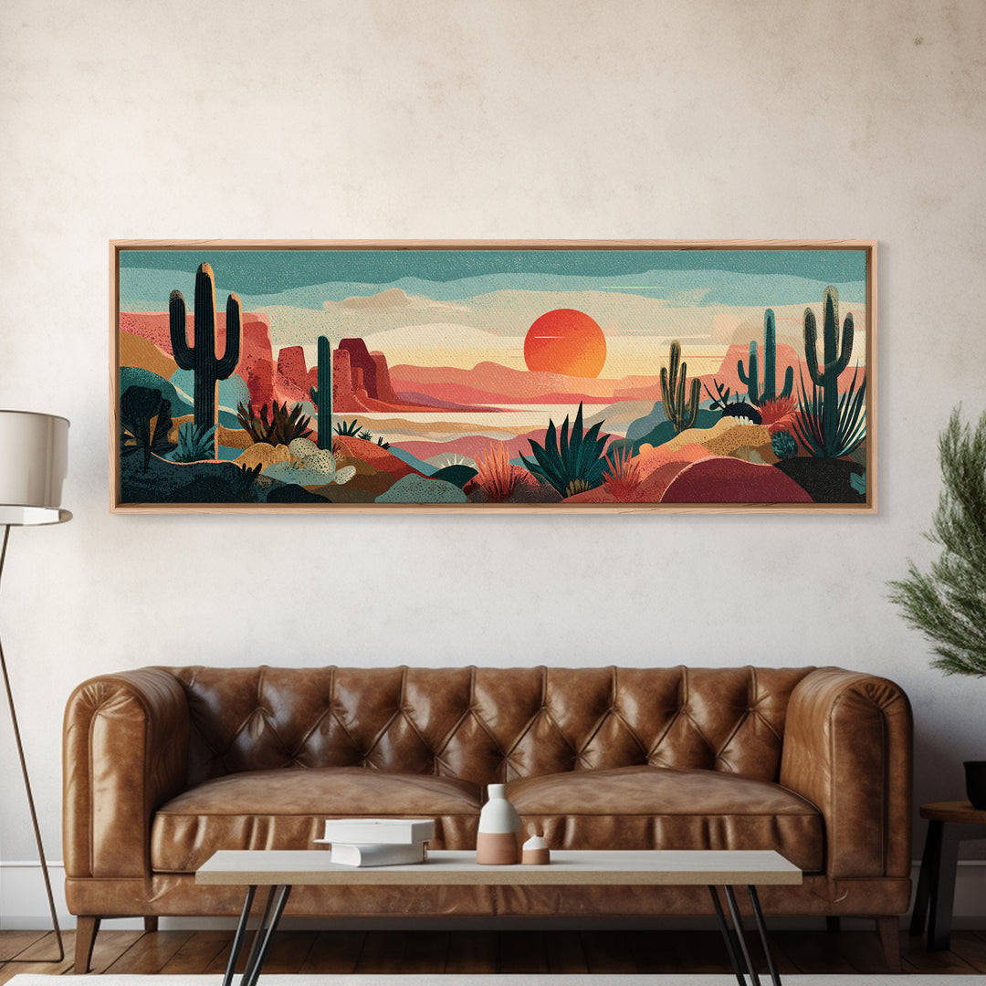 Mexico Cactus and Sun Travel Poster Framed Canvas Print, Travel Poster(2), Poster Print, Living Room Decor, Fine Art, Voyage, TPO-3x1-37