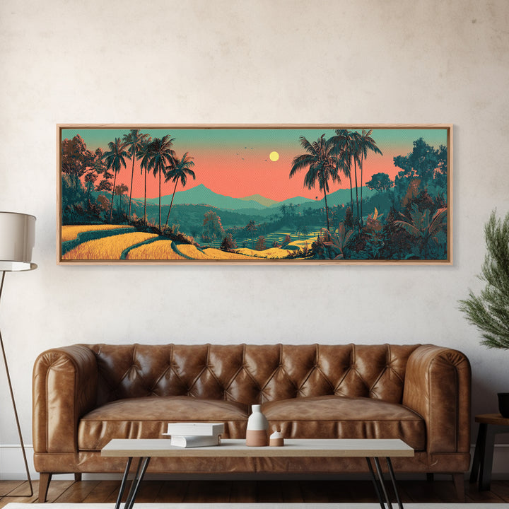 Bali Rice Terraces and Jungle Palms Framed Canvas Print, Travel Poster(2), Colorful Wall Art, Living Room Decor, Voyage, TPO-3x1-53