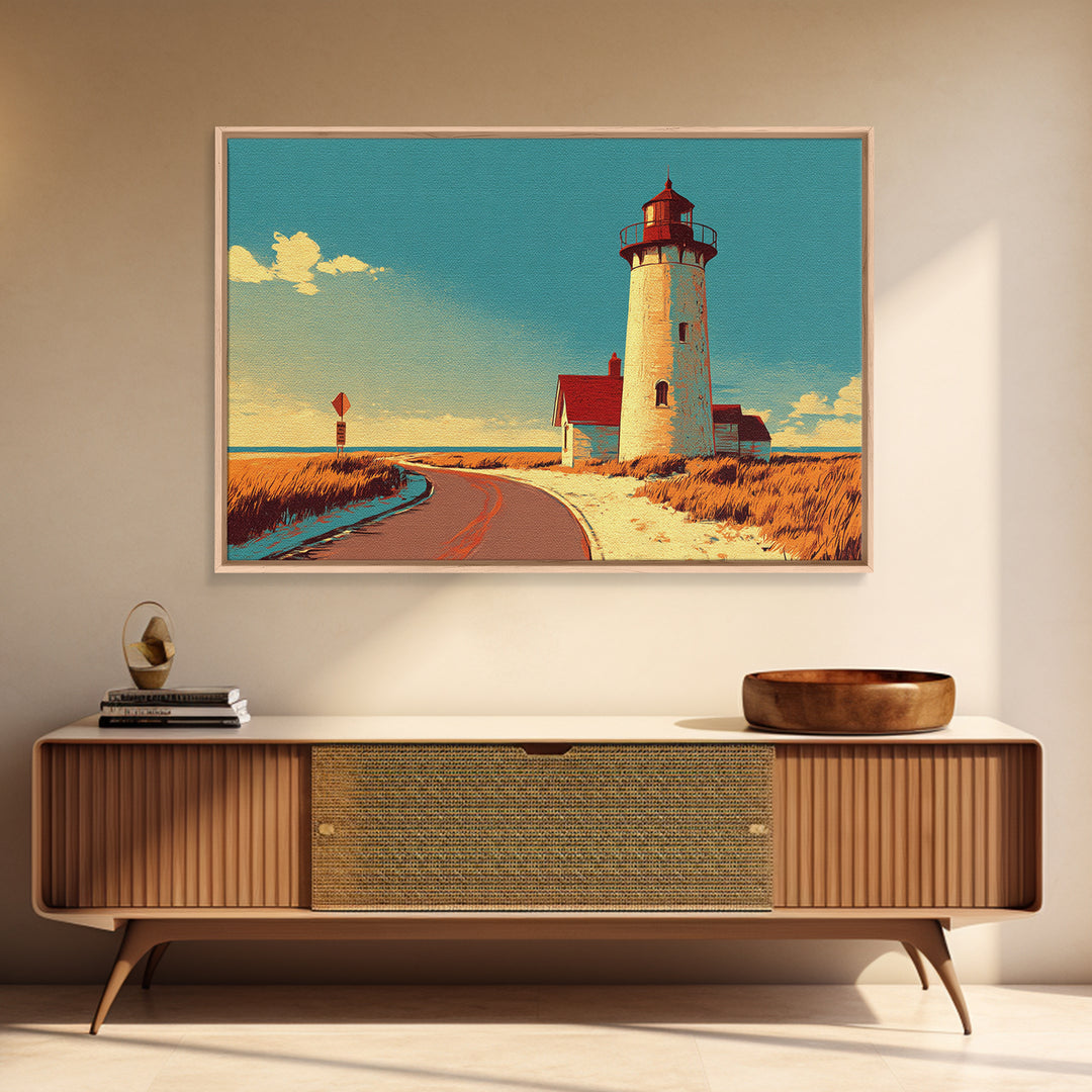 Cape Cod Lighthouse Summer Poster Framed Canvas Print, Travel Poster(2), Coastal Wall Art, Living Room Decor, Fine Art, Voyage, TPO-3x2-46