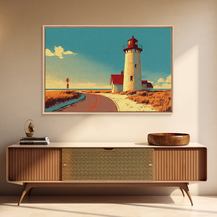 Cape Cod Lighthouse Summer Poster Framed Canvas Print, Travel Poster(2), Coastal Wall Art, Living Room Decor, Fine Art, Voyage, TPO-3x2-46