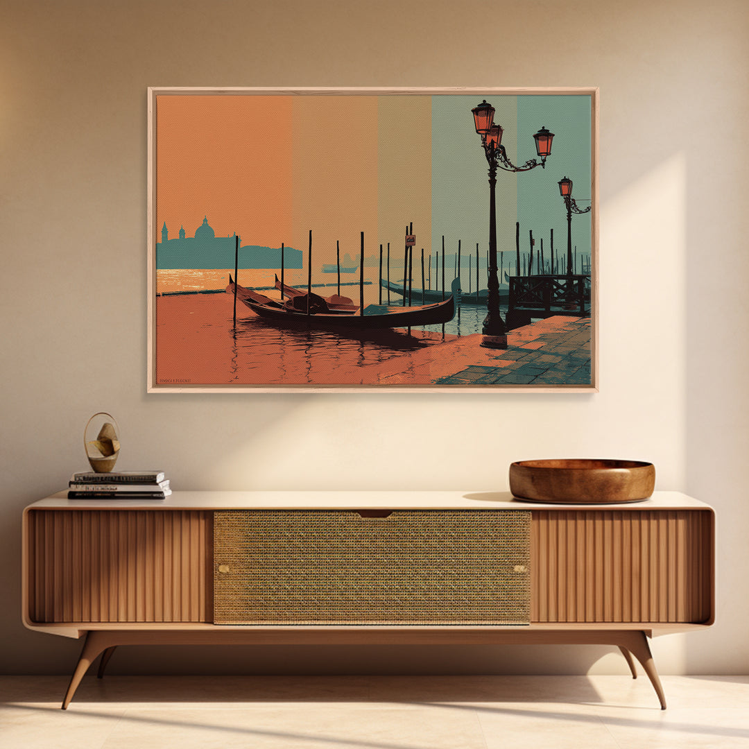 Venice Gondola Silhouette Framed Canvas Print, Travel Poster(2), Gallery Decor, Living Room Decor, Fine Art, Voyage, TPO-3x2-64