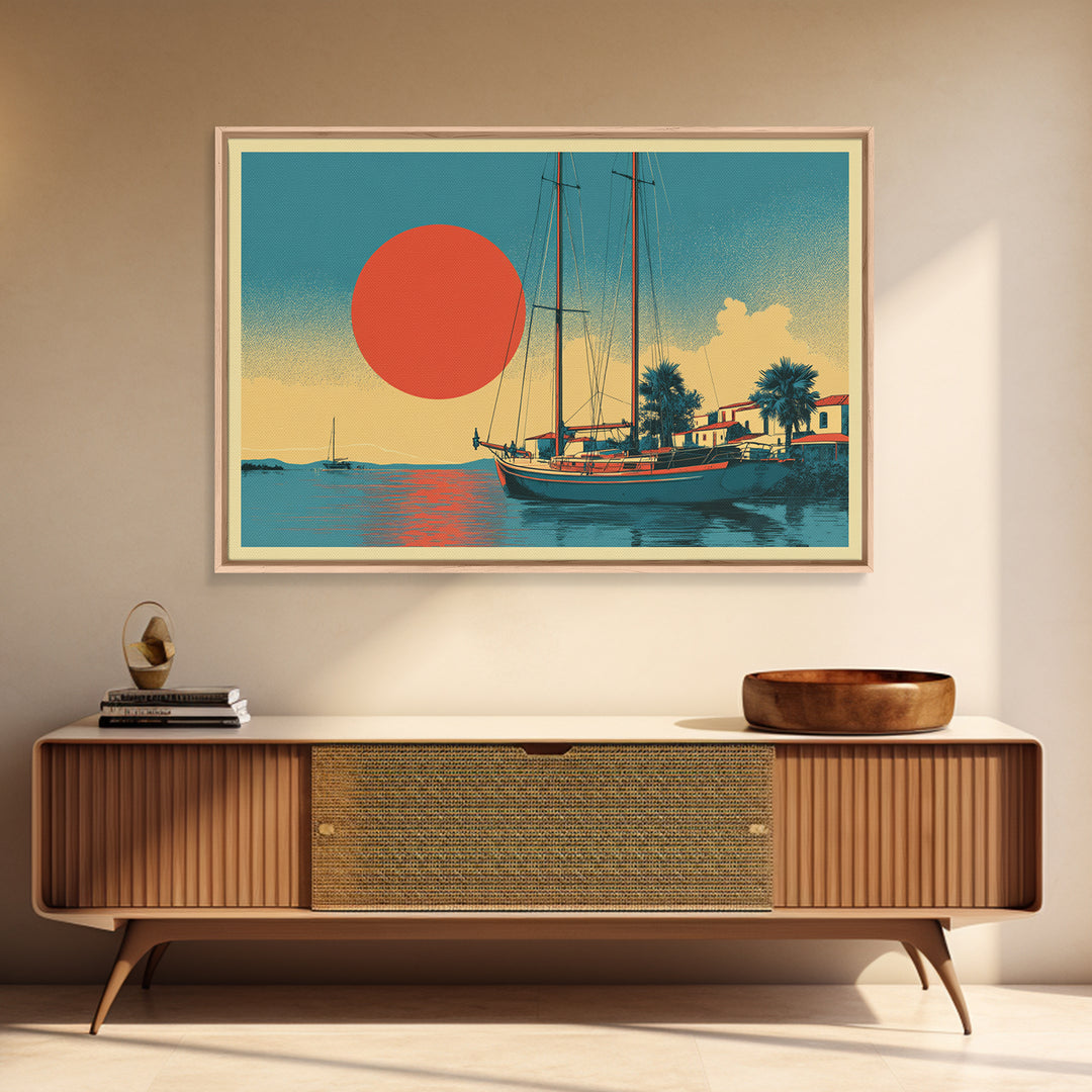 Greek Island Sailboat and Sun Poster Canvas Print, Travel Poster(2), Wall Decor, Living Room Decor, Fine Art, Voyage, TPO-3x2-68