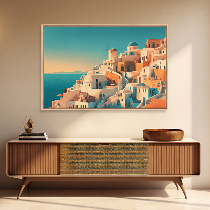 Santorini White Buildings and Cobalt Water Framed Canvas Print, Travel Poster(2), Retro Wall Art, Living Room Decor, Voyage, TPO-3x2-8