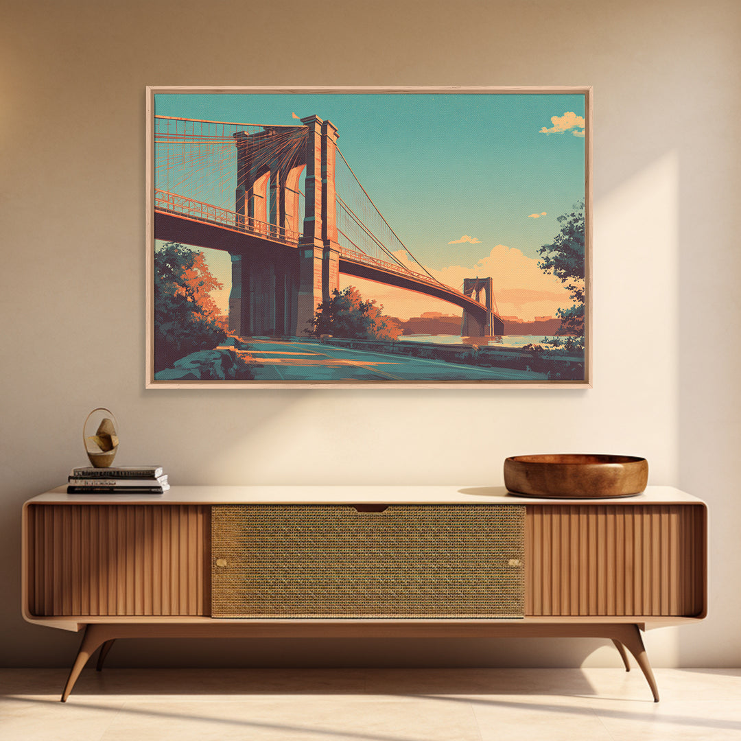 New York Bridge at Sunrise Framed Canvas Print, Travel Poster(2), Digital Download Art, Living Room Decor, Fine Art, Voyage, TPO-3x2-82