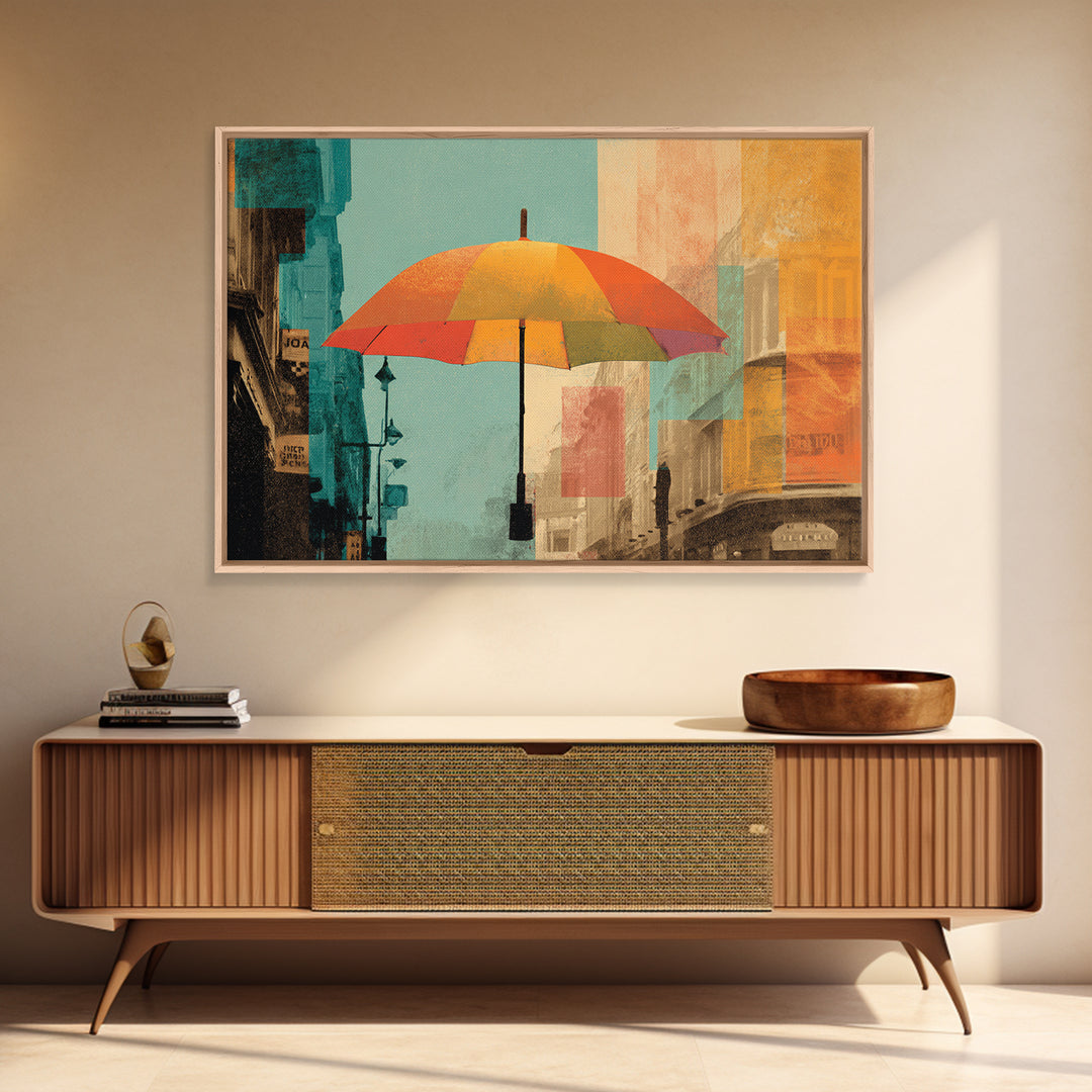 London Rainy Street Umbrella Graphic Framed Canvas Print, Travel Poster(2), Downloadable Prints, Living Room Decor, Voyage, TPO-3x2-86