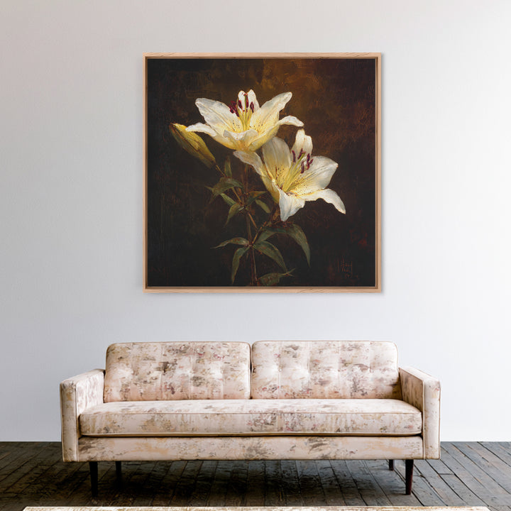 White Lilies on Dark Background Canvas Print, Traditional Art, Digital Print, Living Room Decor, Oil Painting, Classic, TRA-1x1-15