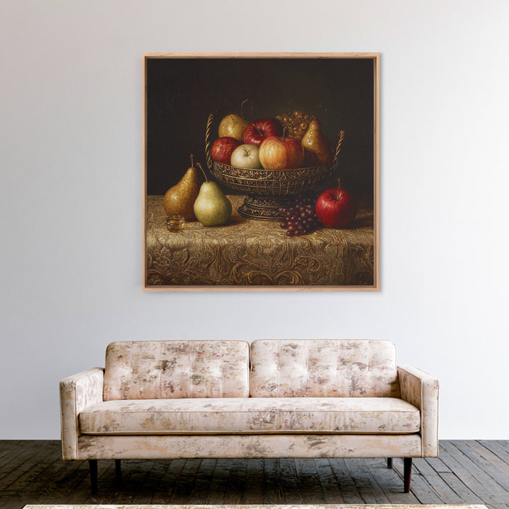 Basket of Apples and Pears on Linen Canvas Print, Traditional Art, Custom Art, Living Room Decor, Abstract Art, Classic, TRA-1x1-18