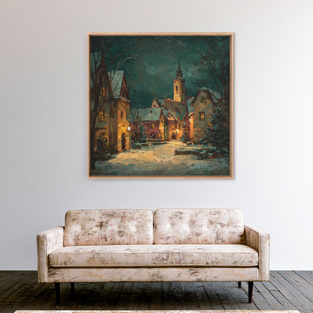 Snowy Village Landscape at Twilight Canvas Print, Traditional Art, Printable Art, Living Room Decor, Watercolor Art, Classic, TRA-1x1-19