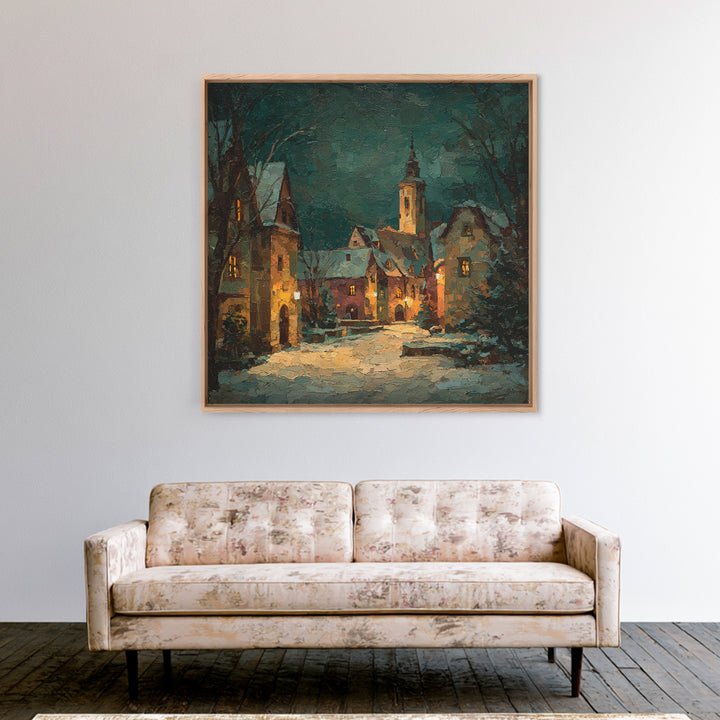 Snowy Village Landscape at Twilight Canvas Print, Traditional Art, Printable Art, Living Room Decor, Watercolor Art, Classic, TRA-1x1-19