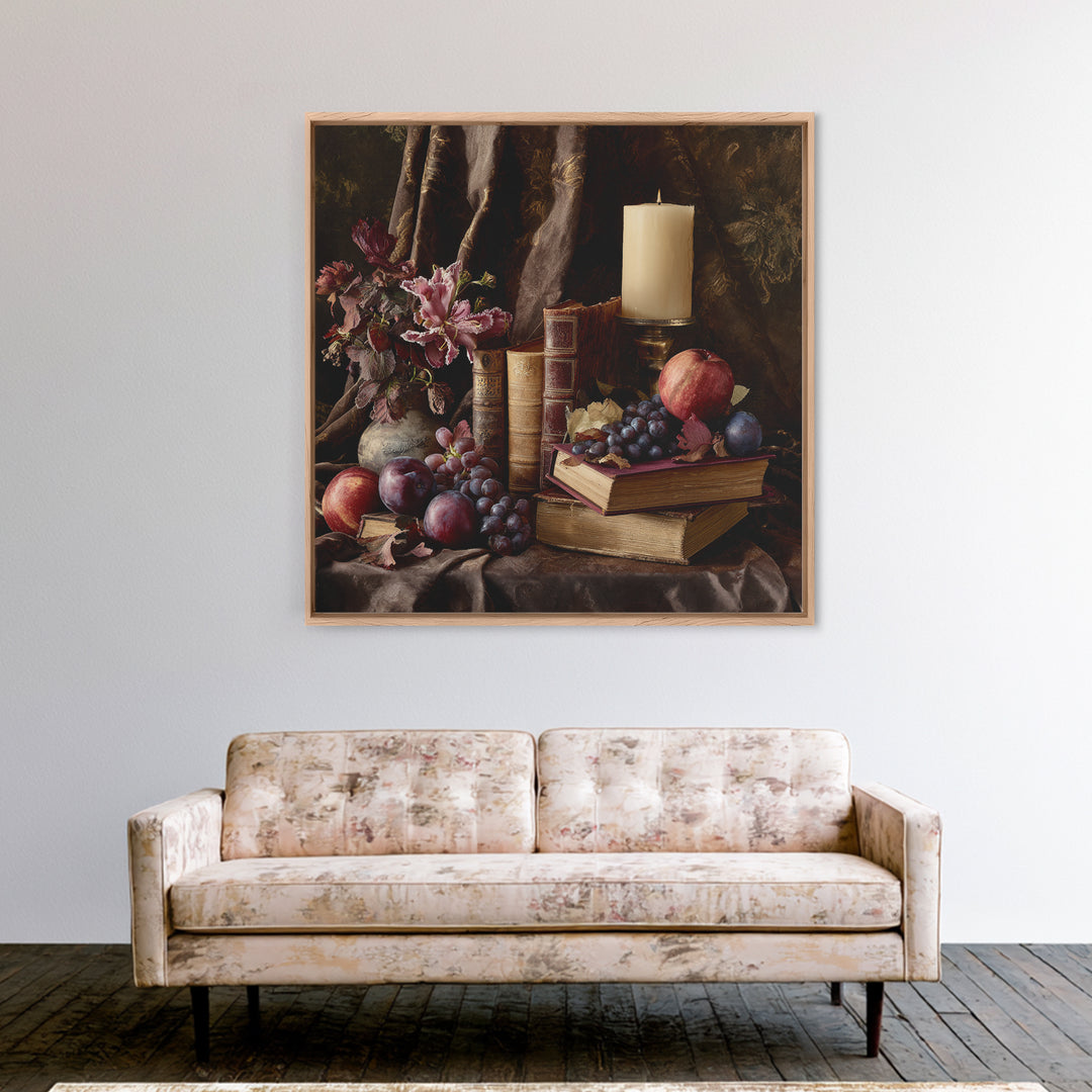 Still Life of Books Candle and Fruit Canvas Print, Traditional Art, Painting, Living Room Decor, Classic, Art Commissions, TRA-1x1-20
