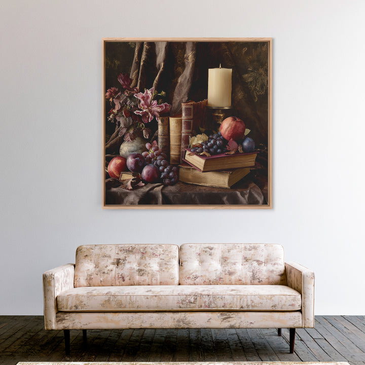 Still Life of Books Candle and Fruit Canvas Print, Traditional Art, Painting, Living Room Decor, Classic, Art Commissions, TRA-1x1-20