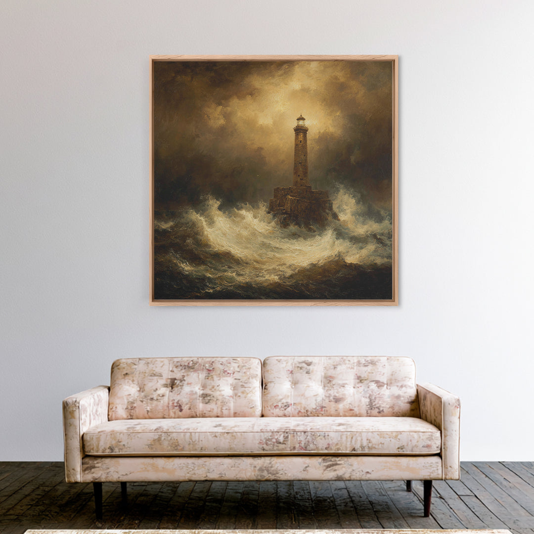 Lighthouse with Crashing Waves Framed Canvas Print, Traditional Art, Neutral Decor, Living Room Decor, Fine Art, Classic, TRA-1x1-21