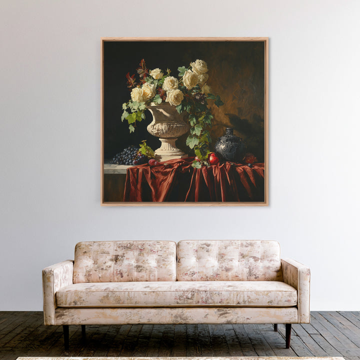 Garden Urn with Roses and Ivy Framed Canvas Print, Traditional Art, Indian Wall Art, Living Room Decor, Watercolor Art, Classic, TRA-1x1-24