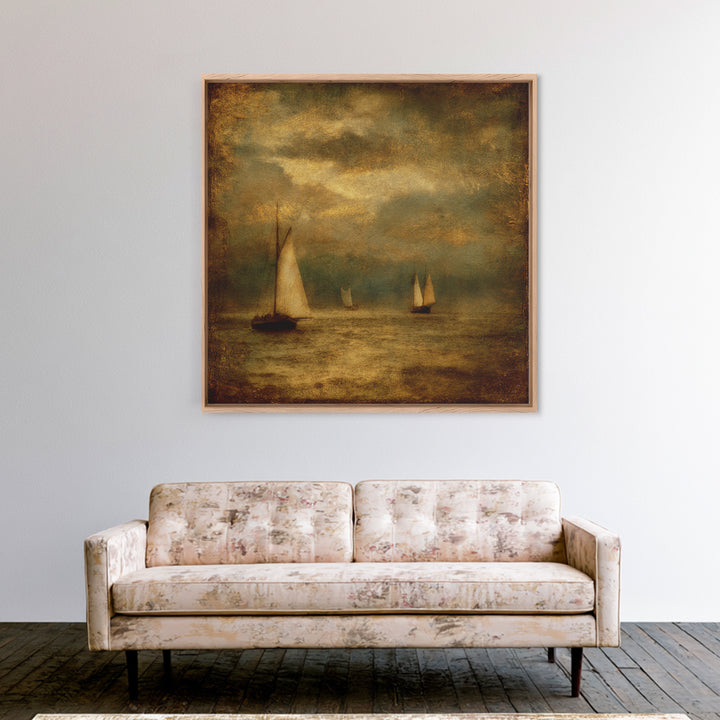 Seascape with Sailboats and Cloudy Sky Framed Canvas Print, Traditional Art, Textured Painting, Living Room Decor, Classic, TRA-1x1-29
