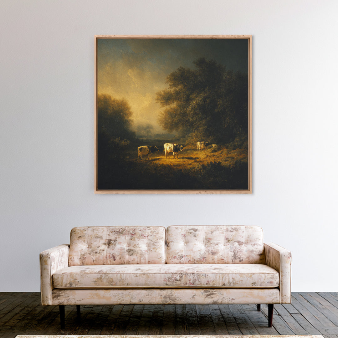 Pastoral Countryside with Cows in Field Canvas Print, Traditional Art, Japanese Art, Living Room Decor, Fine Art, Classic, TRA-1x1-31