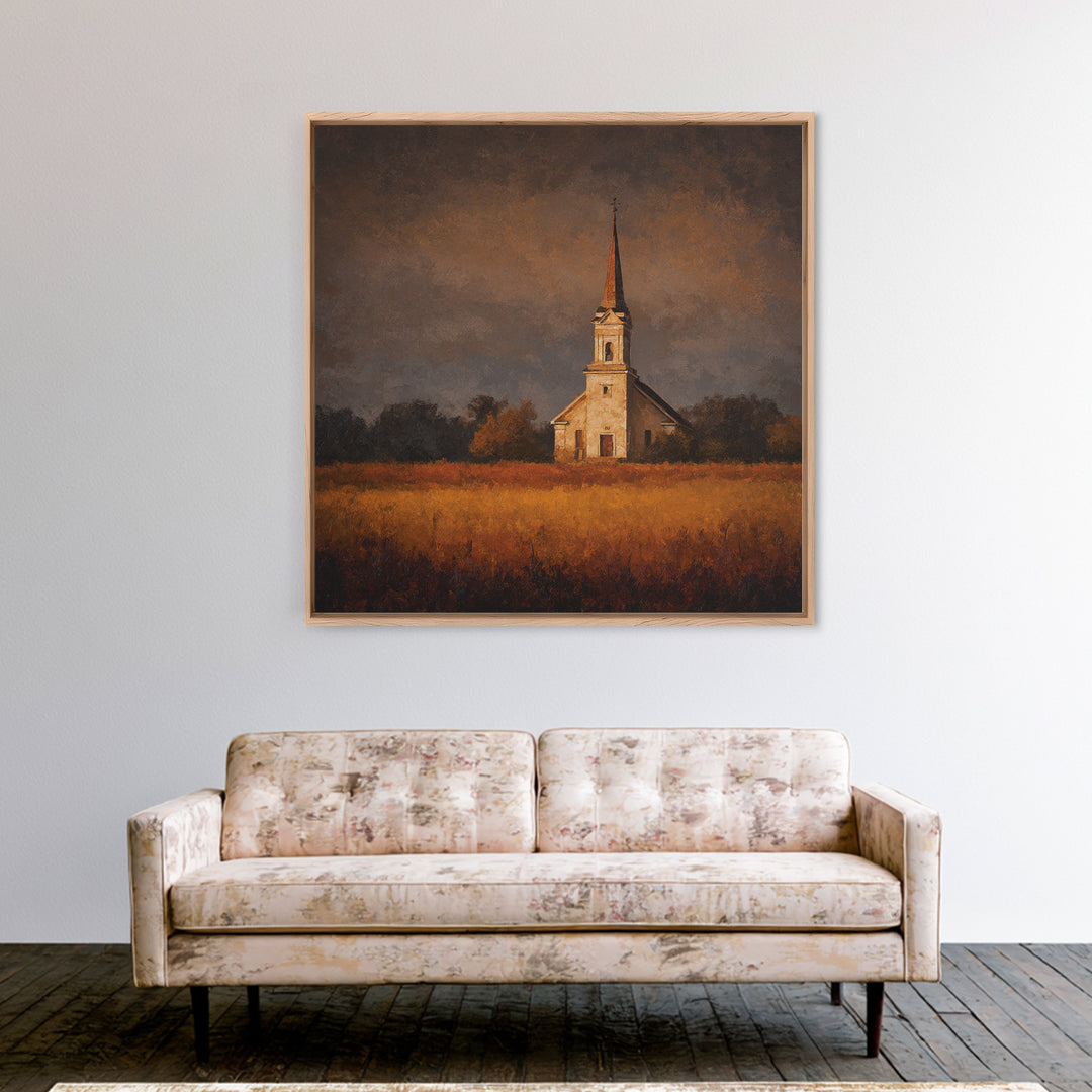 Church Steeple Across Rural Meadow Framed Canvas Print, Traditional Art, Boho Decor, Living Room Decor, Fine Art, Classic, TRA-1x1-37