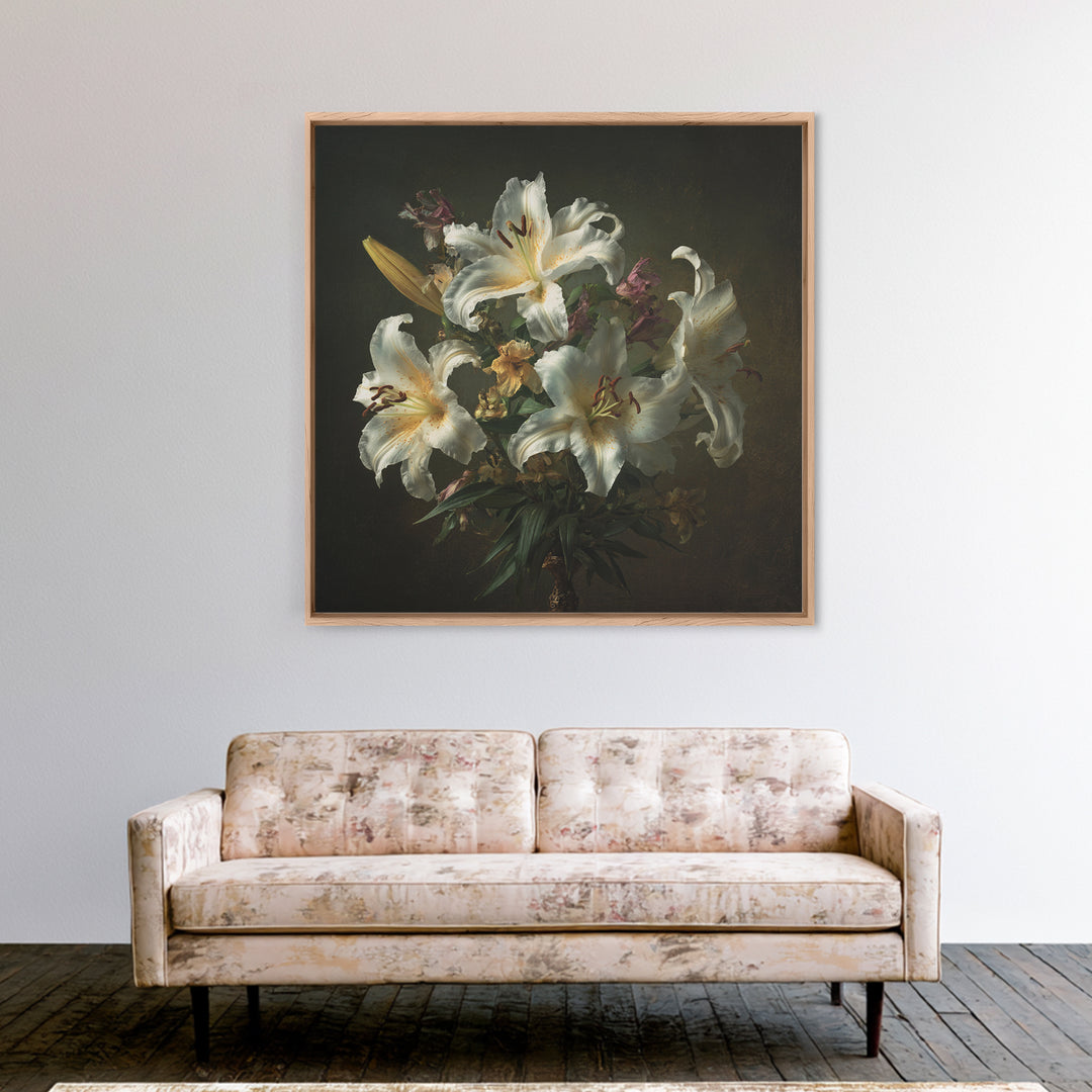 White Lilies on Dark Background Framed Canvas Print, Traditional Art, Custom Art, Living Room Decor, Fine Art, Classic, TRA-1x1-39