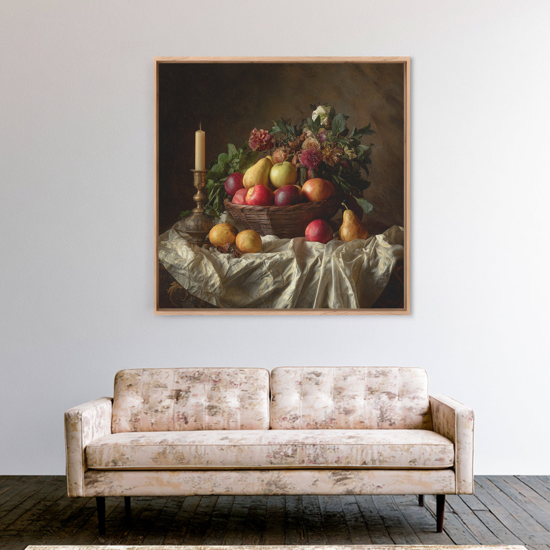 Basket of Apples and Pears on Linen Framed Canvas Print, Traditional Art, Landscape, Living Room Decor, Fine Art, Classic, TRA-1x1-42
