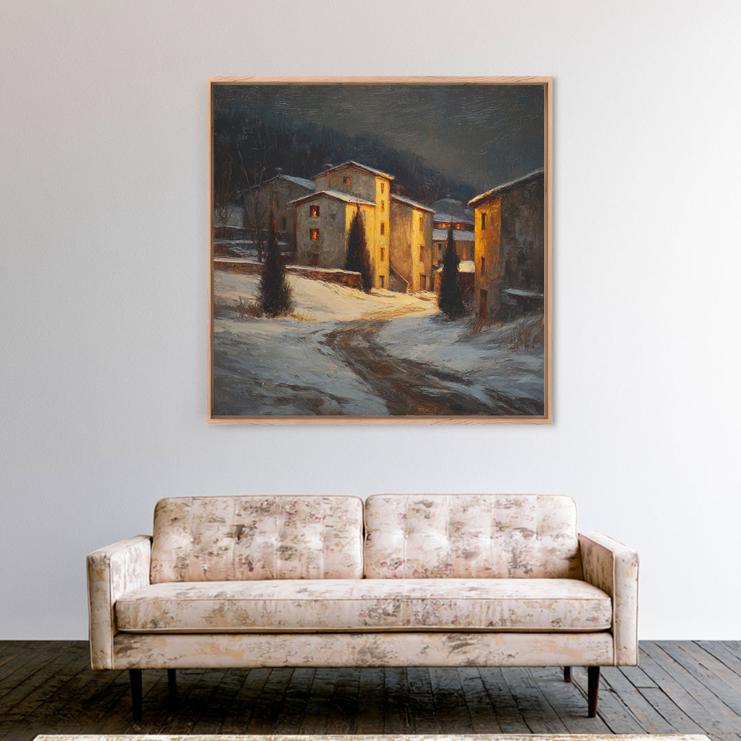 Snowy Village Landscape at Twilight Framed Canvas Print, Traditional Art, Furry Art, Living Room Decor, Fine Art, Classic, TRA-1x1-43