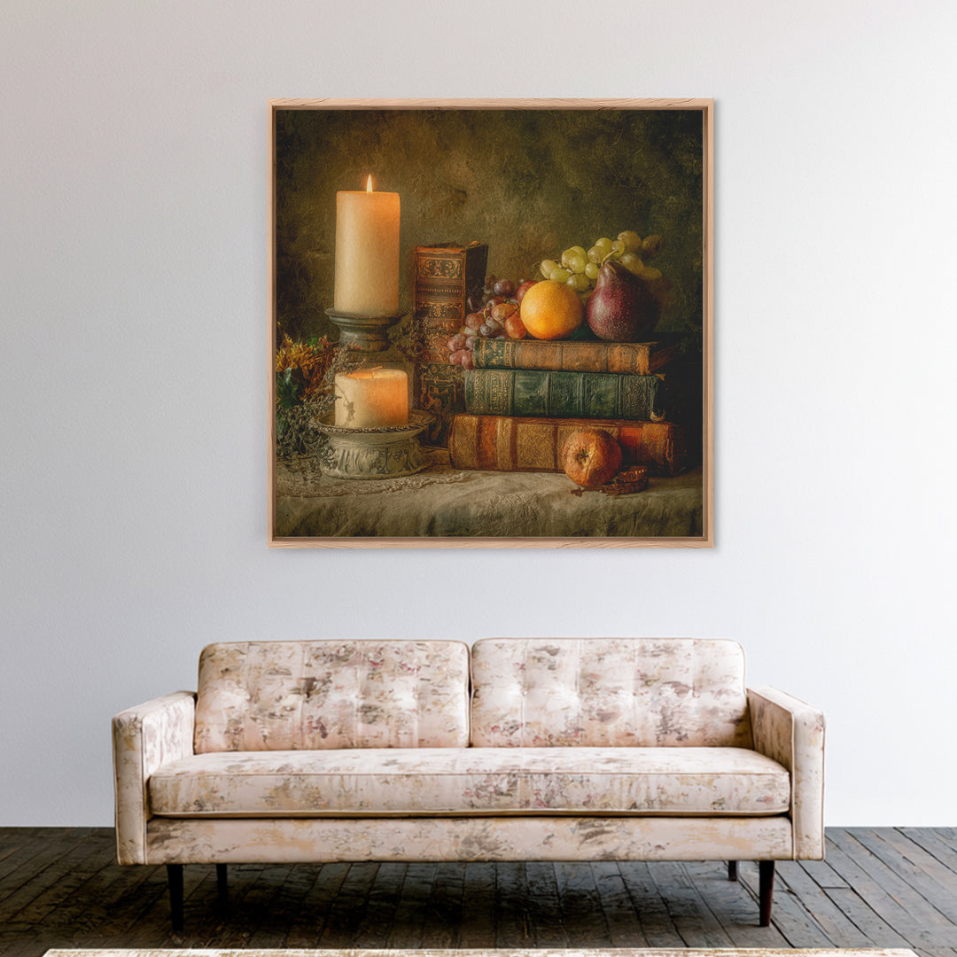 Still Life of Books Candle and Fruit Framed Canvas Print, Traditional Art, Boho, Living Room Decor, Fine Art, Classic, TRA-1x1-44