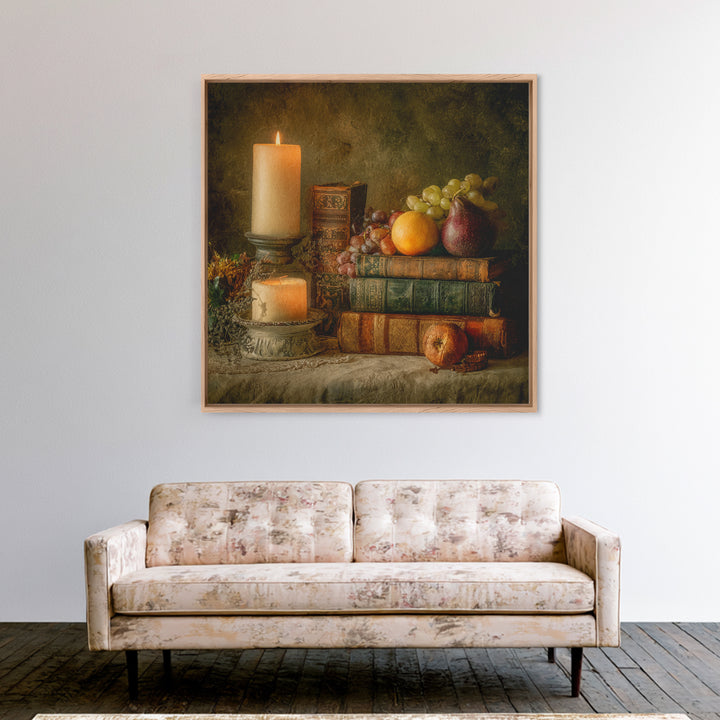 Still Life of Books Candle and Fruit Framed Canvas Print, Traditional Art, Boho, Living Room Decor, Fine Art, Classic, TRA-1x1-44