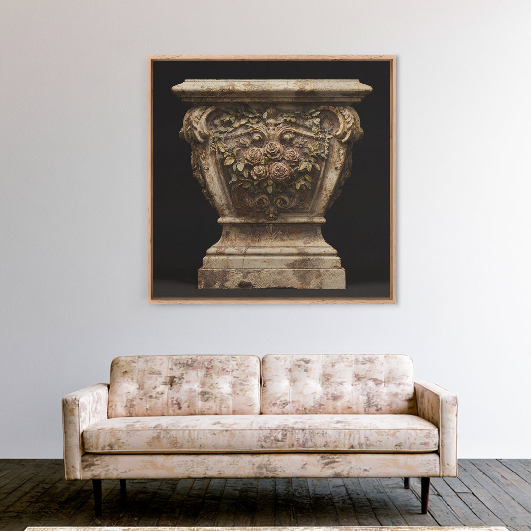 Garden Urn with Roses and Ivy Framed Canvas Print, Traditional Art, Art, Living Room Decor, Oil Painting, Classic, TRA-1x1-48