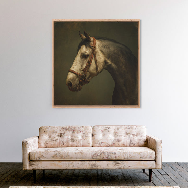 Realistic Horse Portrait Framed Canvas Print, Traditional Art, Dark Art, Living Room Decor, Oil Painting, Classic, TRA-1x1-51