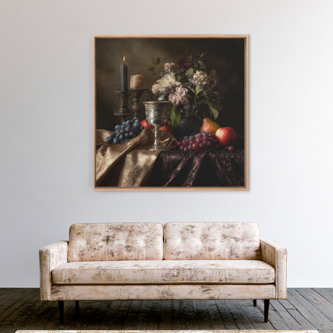 Dutch Fruit and Silver Goblet Still Life Framed Canvas Print, Traditional Art, Japanese Art, Living Room Decor, Classic, TRA-1x1-52