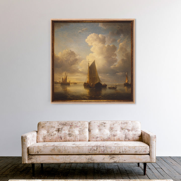 Seascape with Sailboats and Cloudy Sky Framed Canvas Print, Traditional Art, Textured Painting, Living Room Decor, Classic, TRA-1x1-53