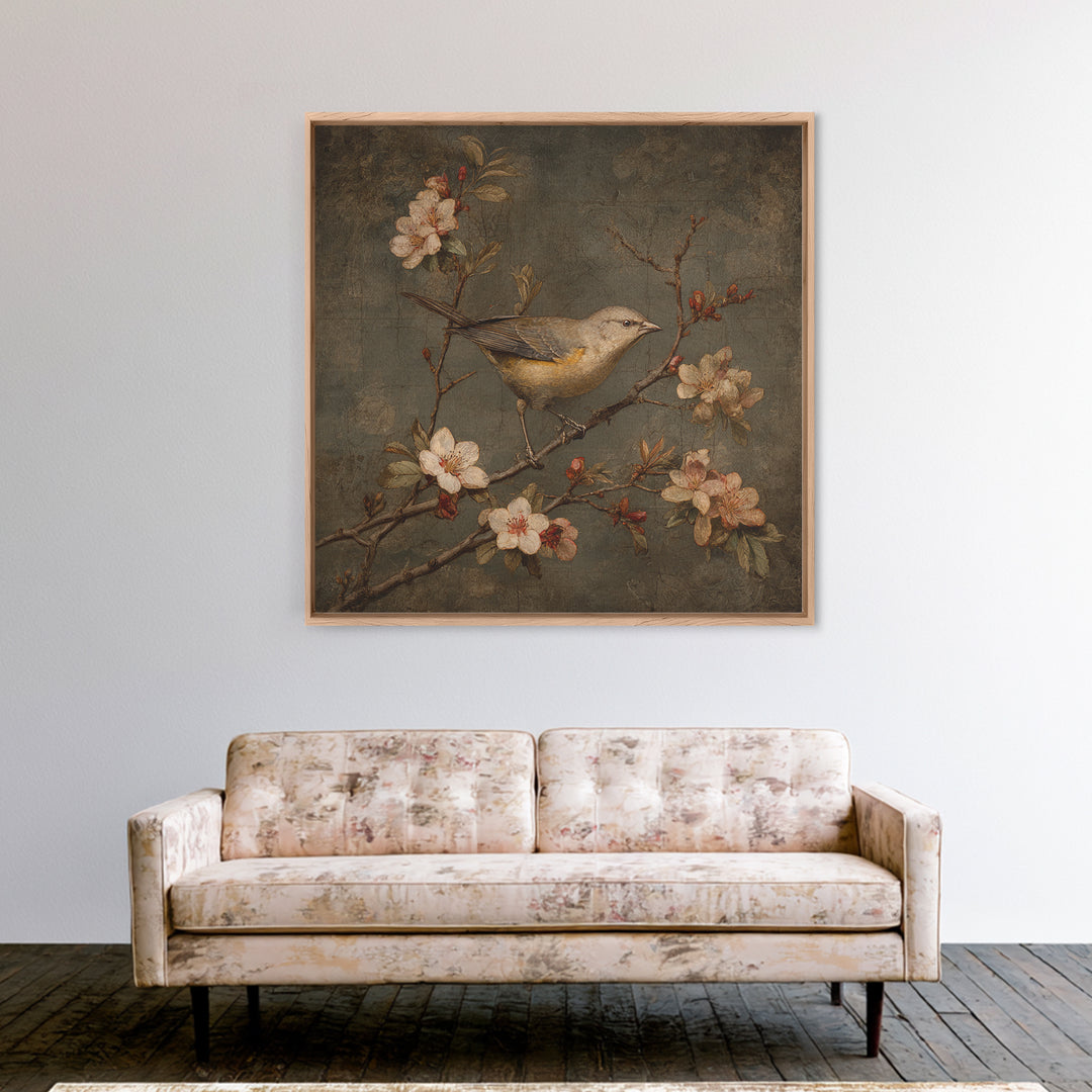 Bird Study on a Flowering Branch Framed Canvas Print, Traditional Art, Pokemon Poster, Living Room Decor, Fine Art, Classic, TRA-1x1-58