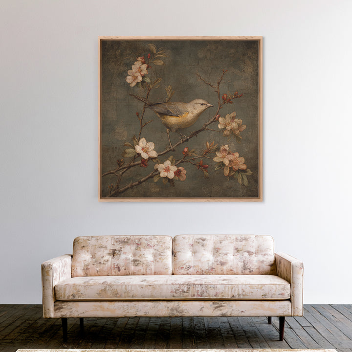 Bird Study on a Flowering Branch Framed Canvas Print, Traditional Art, Pokemon Poster, Living Room Decor, Fine Art, Classic, TRA-1x1-58