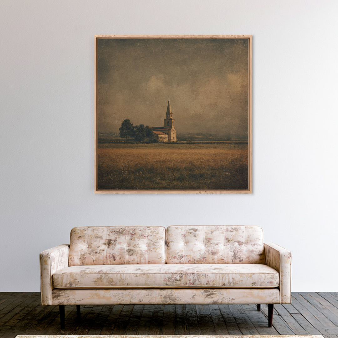 Church Steeple Across Rural Meadow Framed Canvas Print, Traditional Art, Boho Decor, Living Room Decor, Fine Art, Classic, TRA-1x1-61