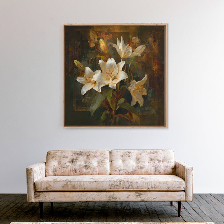 White Lilies on Dark Background Framed Canvas Print, Traditional Art, Neutral Decor, Living Room Decor, Fine Art, Classic, TRA-1x1-63