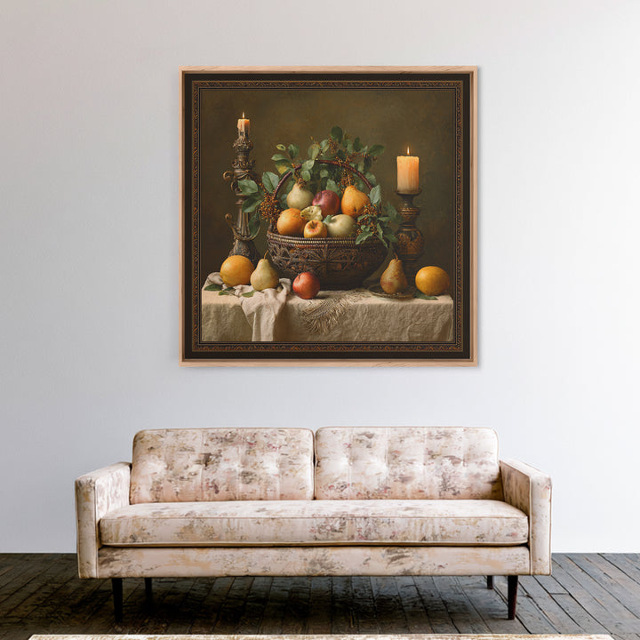 Basket of Apples and Pears on Linen Framed Canvas Print, Traditional Art, Landscape, Living Room Decor, Fine Art, Classic, TRA-1x1-66