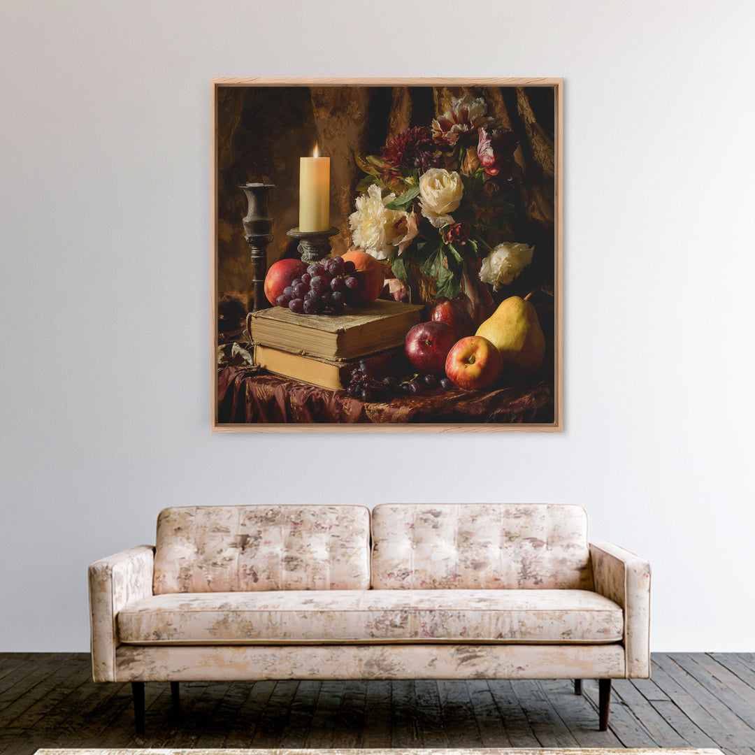 Still Life of Books Candle and Fruit Framed Canvas Print, Traditional Art, Watercolor Art, Living Room Decor, Fine Art, Classic, TRA-1x1-68