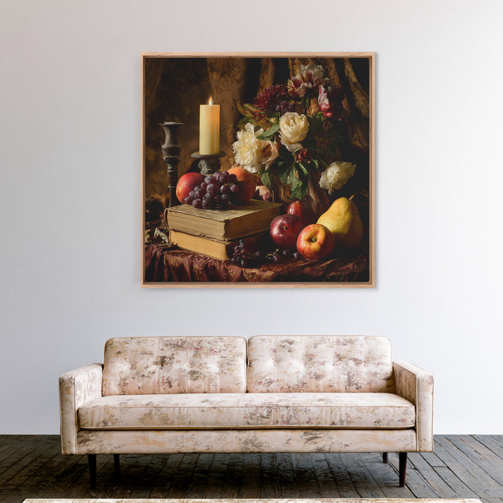 Still Life of Books Candle and Fruit Framed Canvas Print, Traditional Art, Watercolor Art, Living Room Decor, Fine Art, Classic, TRA-1x1-68