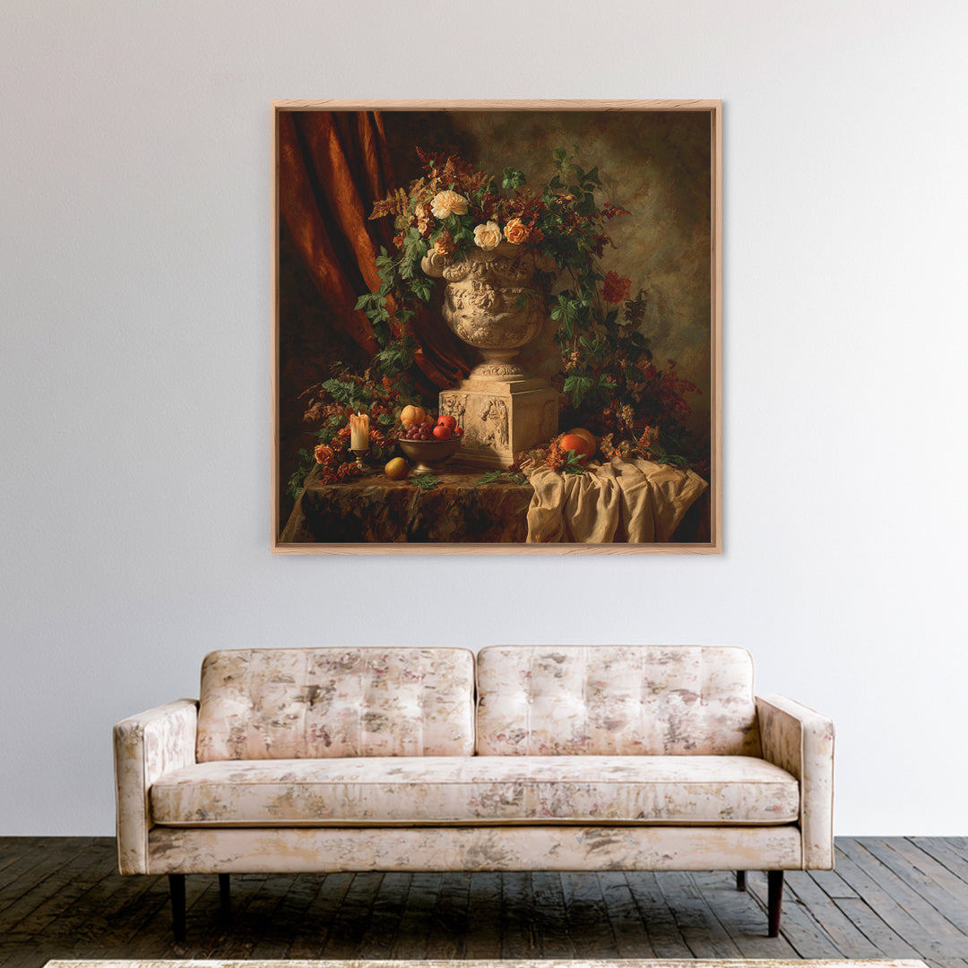 Garden Urn with Roses and Ivy Framed Canvas Print, Traditional Art, Landscape, Living Room Decor, Fine Art, Classic, TRA-1x1-72