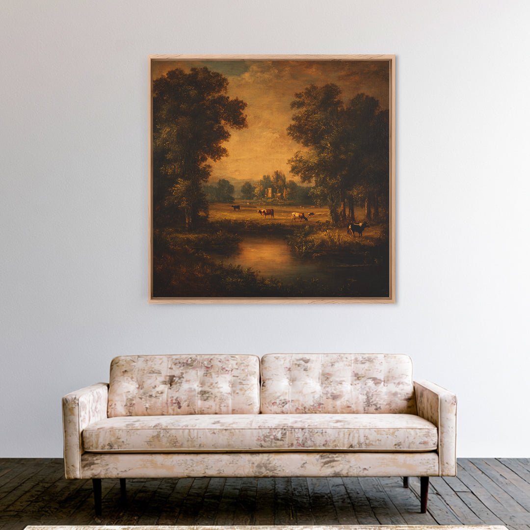 Pastoral Countryside with Cows in Field Framed Canvas Print, Traditional Art, Boho Decor, Living Room Decor, Oil Painting, TRA-1x1-79
