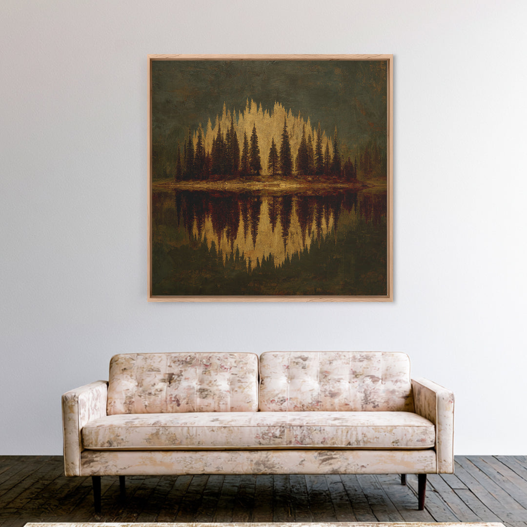 Mountain Lake with Pine Forest Reflection Canvas Print, Traditional Art, Art, Living Room Decor, Oil Painting, Classic, TRA-1x1-81