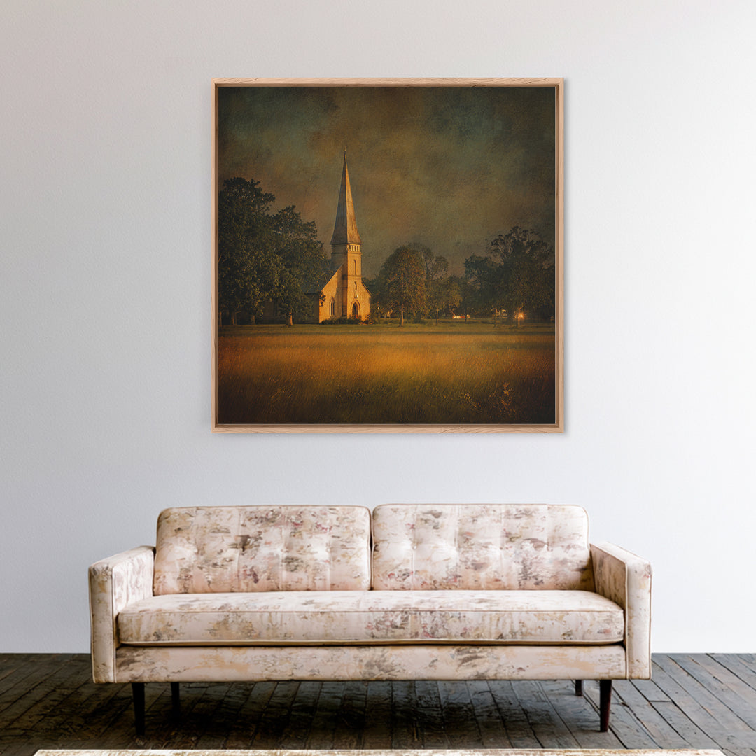 Church Steeple Across Rural Meadow Canvas Print, Traditional Art, Minimalist Decor, Living Room Decor, Oil Painting, Classic, TRA-1x1-85