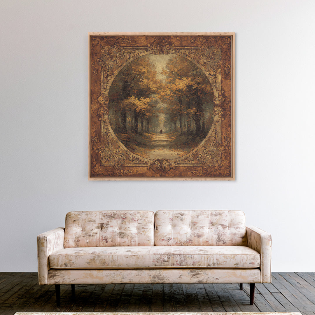 Autumn Forest Road Framed Canvas Print, Traditional Art, Minimalist Decor, Living Room Decor, Oil Painting, Classic, Boho, TRA-1x1-88