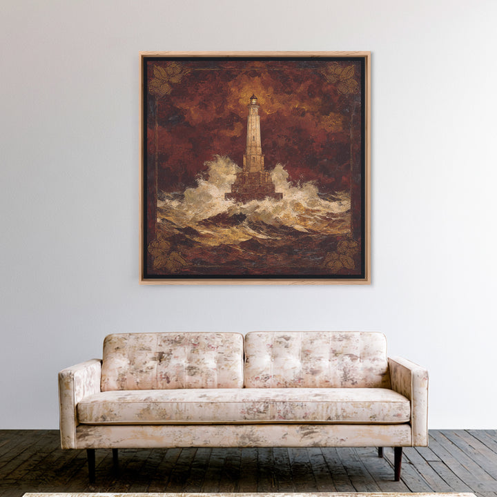 Lighthouse with Crashing Waves Framed Canvas Print, Traditional Art, Wall Art, Living Room Decor, Oil Painting, Classic, TRA-1x1-93