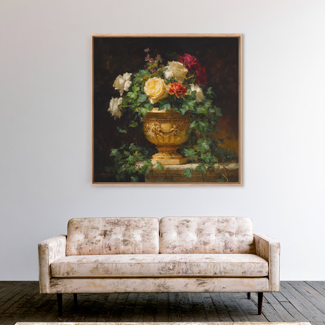 Garden Urn with Roses and Ivy Framed Canvas Print, Traditional Art, Decor, Living Room Decor, Fine Art, Classic, Japanese Art, TRA-1x1-96
