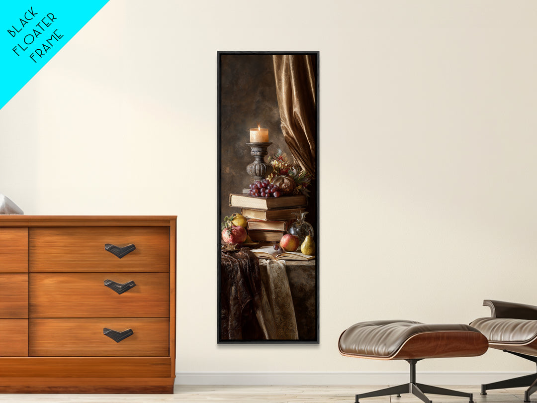 Still Life of Books Candle and Fruit Framed Canvas Print, Traditional Art, Contemporary Art, Living Room Decor, Classic, TRA-1x3-8