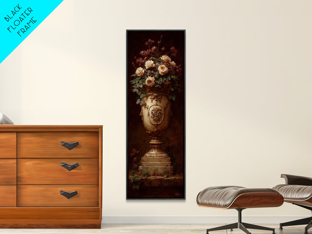 Garden Urn with Roses and Ivy Framed Canvas Print, Traditional Art, Art Commissions, Living Room Decor, Oil Painting, Classic, TRA-1x3-84