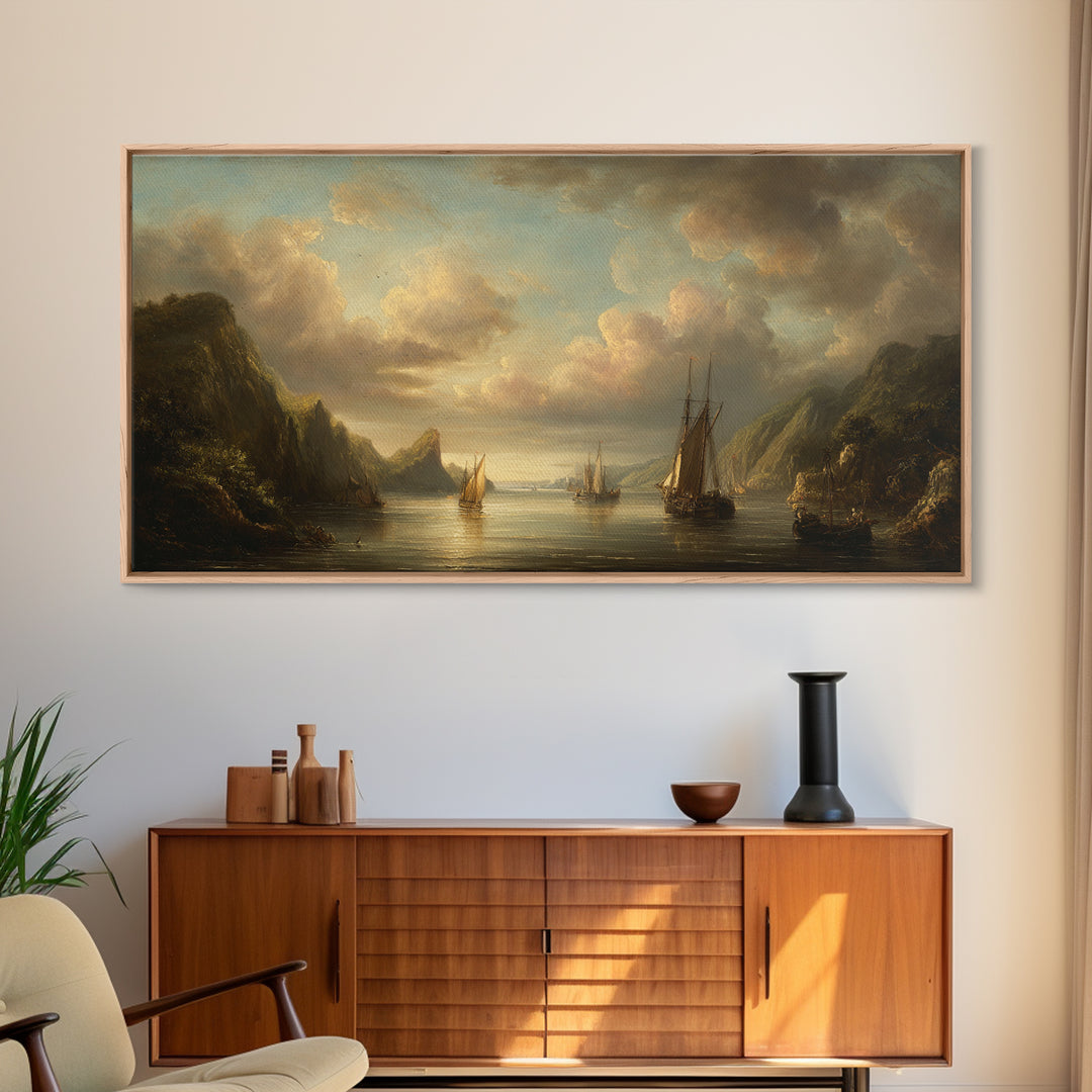 Seascape with Sailboats and Cloudy Sky Framed Canvas Print, Traditional Art, Digital Art, Living Room Decor, Fine Art, Classic, TRA-2x1-1